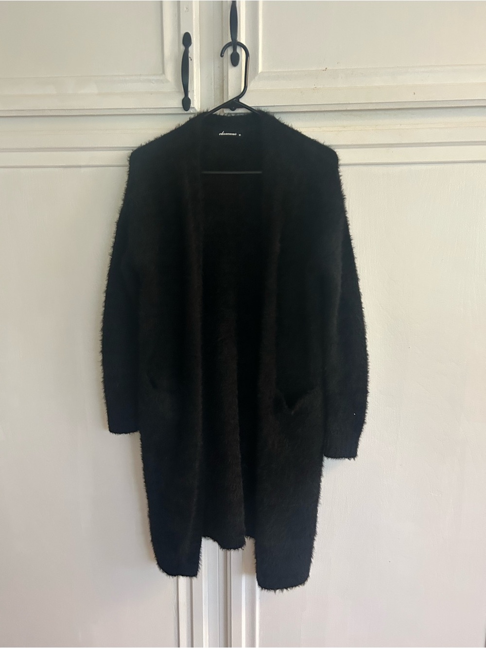 Olivaceous Black Fuzzy Open-Front Cardigan with Pockets